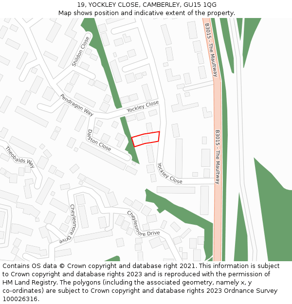 19, YOCKLEY CLOSE, CAMBERLEY, GU15 1QG: Location map and indicative extent of plot