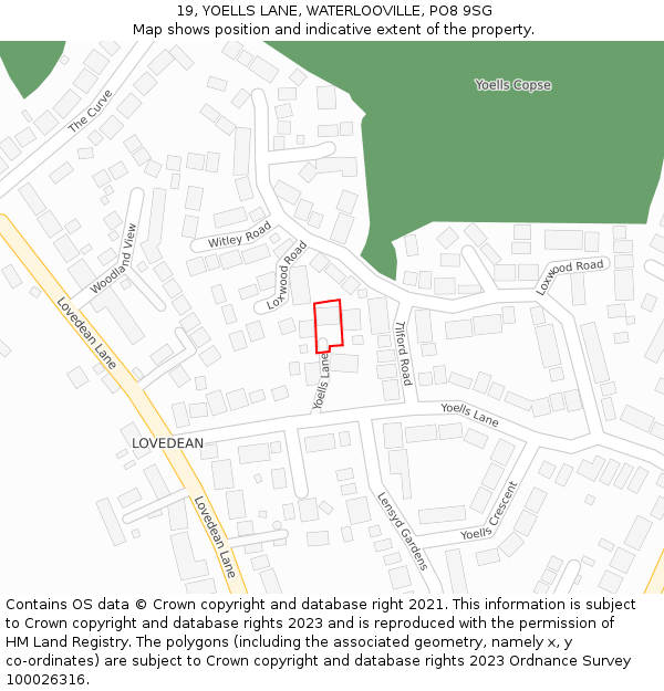19, YOELLS LANE, WATERLOOVILLE, PO8 9SG: Location map and indicative extent of plot