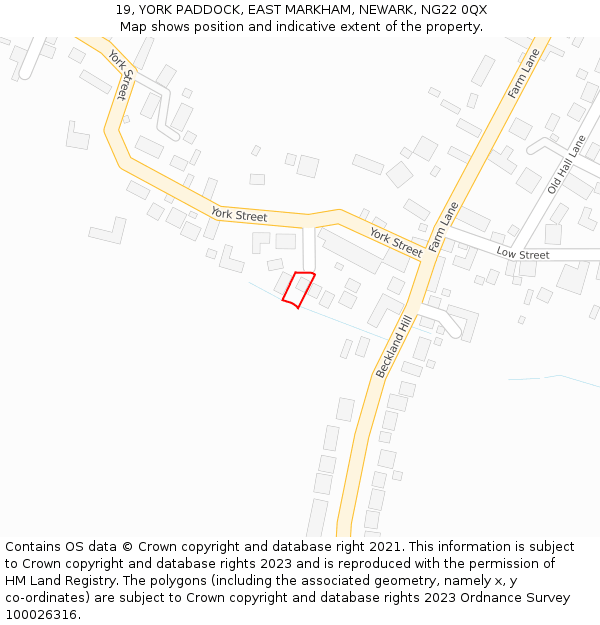 19, YORK PADDOCK, EAST MARKHAM, NEWARK, NG22 0QX: Location map and indicative extent of plot