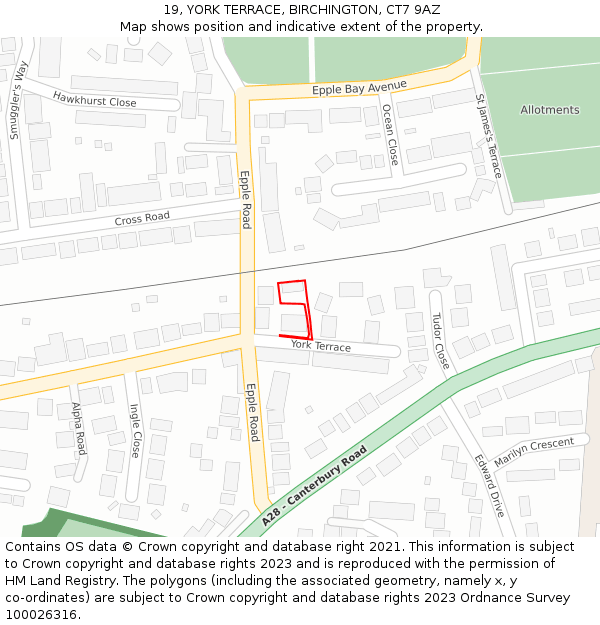 19, YORK TERRACE, BIRCHINGTON, CT7 9AZ: Location map and indicative extent of plot