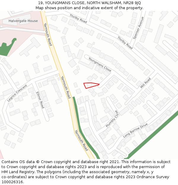 19, YOUNGMANS CLOSE, NORTH WALSHAM, NR28 9JQ: Location map and indicative extent of plot