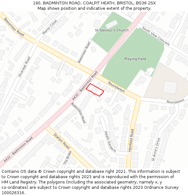 190, BADMINTON ROAD, COALPIT HEATH, BRISTOL, BS36 2SX: Location map and indicative extent of plot