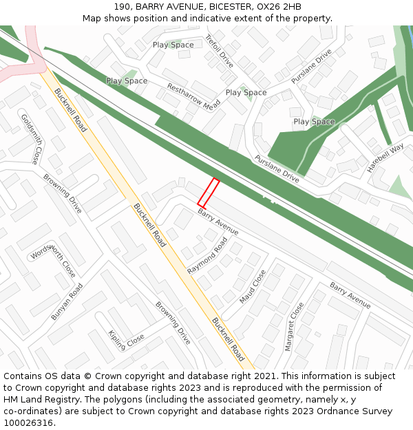 190, BARRY AVENUE, BICESTER, OX26 2HB: Location map and indicative extent of plot