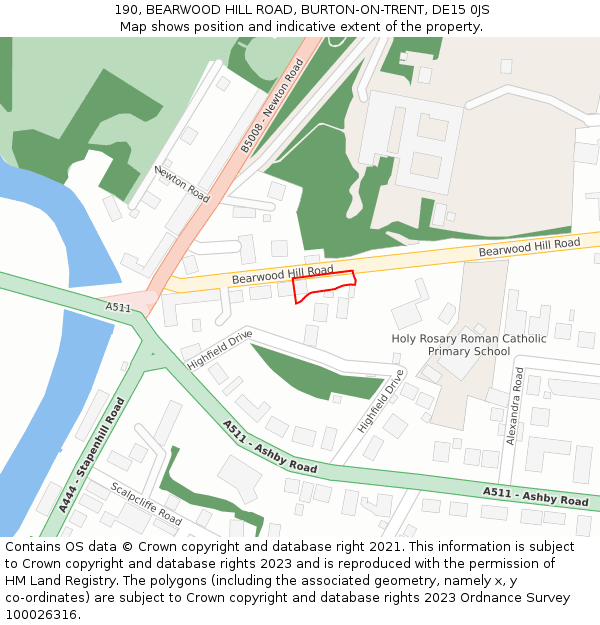 190, BEARWOOD HILL ROAD, BURTON-ON-TRENT, DE15 0JS: Location map and indicative extent of plot