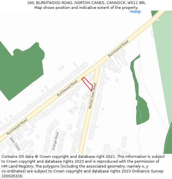 190, BURNTWOOD ROAD, NORTON CANES, CANNOCK, WS11 9RL: Location map and indicative extent of plot