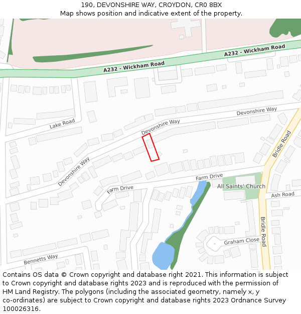 190, DEVONSHIRE WAY, CROYDON, CR0 8BX: Location map and indicative extent of plot