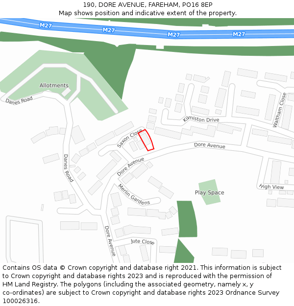 190, DORE AVENUE, FAREHAM, PO16 8EP: Location map and indicative extent of plot