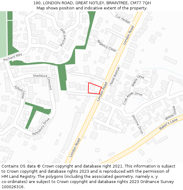 190, LONDON ROAD, GREAT NOTLEY, BRAINTREE, CM77 7QH: Location map and indicative extent of plot