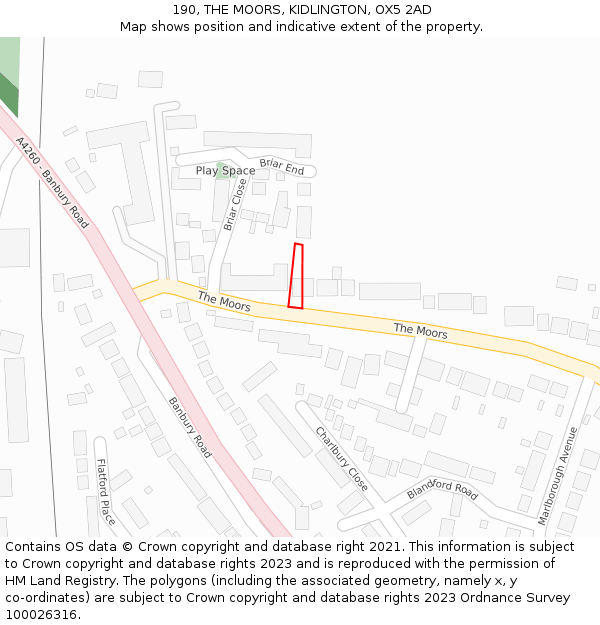 190, THE MOORS, KIDLINGTON, OX5 2AD: Location map and indicative extent of plot