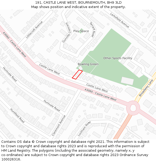 191, CASTLE LANE WEST, BOURNEMOUTH, BH9 3LD: Location map and indicative extent of plot
