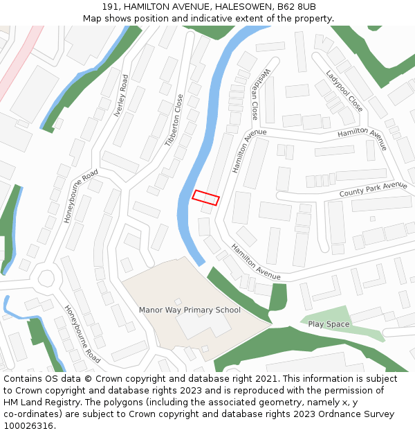 191, HAMILTON AVENUE, HALESOWEN, B62 8UB: Location map and indicative extent of plot