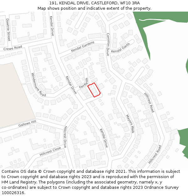 191, KENDAL DRIVE, CASTLEFORD, WF10 3RA: Location map and indicative extent of plot