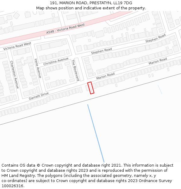 191, MARION ROAD, PRESTATYN, LL19 7DG: Location map and indicative extent of plot