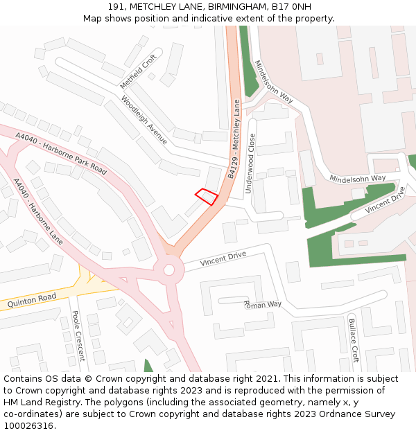 191, METCHLEY LANE, BIRMINGHAM, B17 0NH: Location map and indicative extent of plot