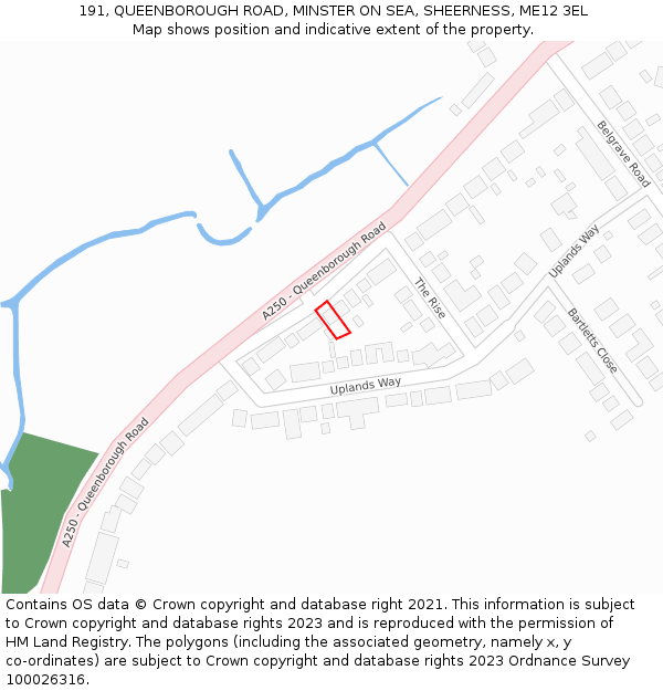 191, QUEENBOROUGH ROAD, MINSTER ON SEA, SHEERNESS, ME12 3EL: Location map and indicative extent of plot
