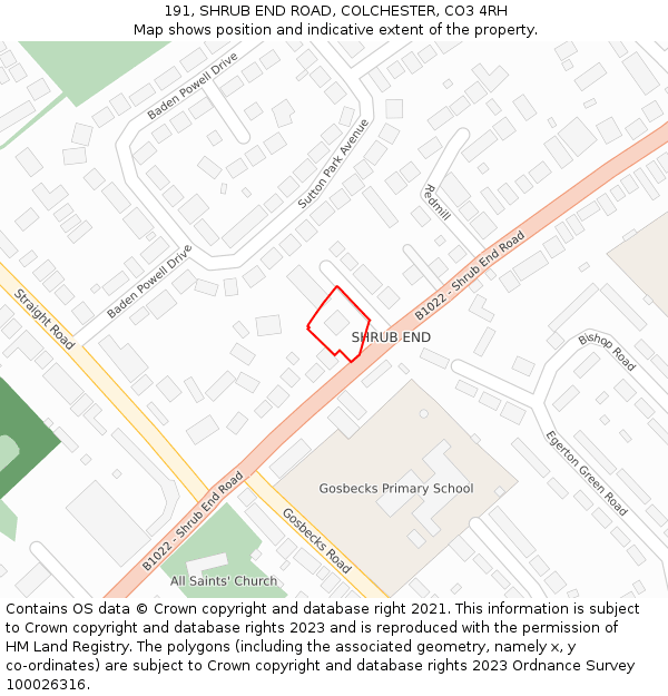 191, SHRUB END ROAD, COLCHESTER, CO3 4RH: Location map and indicative extent of plot