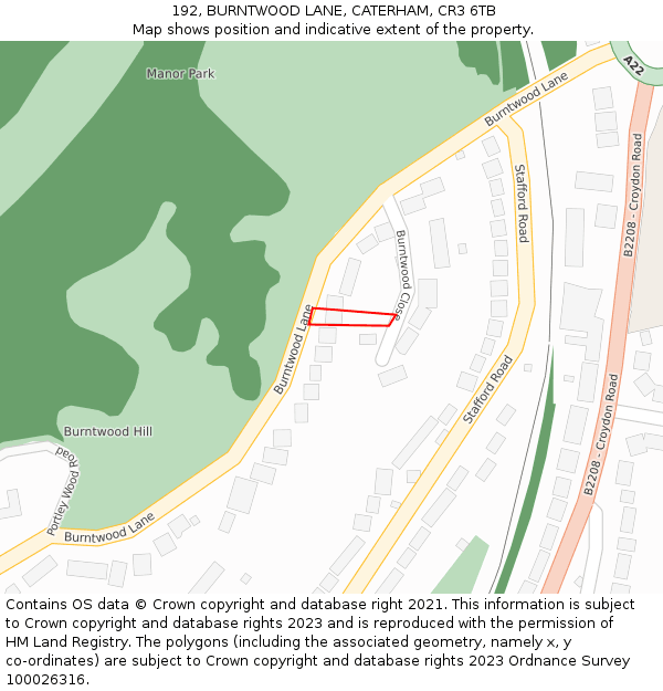 192, BURNTWOOD LANE, CATERHAM, CR3 6TB: Location map and indicative extent of plot