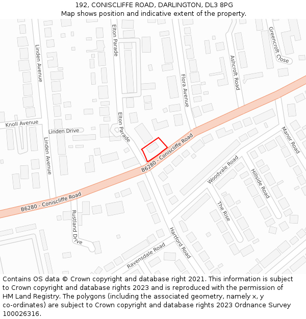 192, CONISCLIFFE ROAD, DARLINGTON, DL3 8PG: Location map and indicative extent of plot