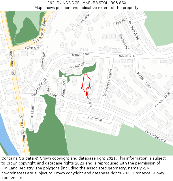 192, DUNDRIDGE LANE, BRISTOL, BS5 8SX: Location map and indicative extent of plot