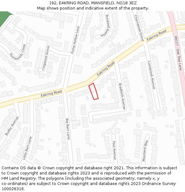 192, EAKRING ROAD, MANSFIELD, NG18 3EZ: Location map and indicative extent of plot