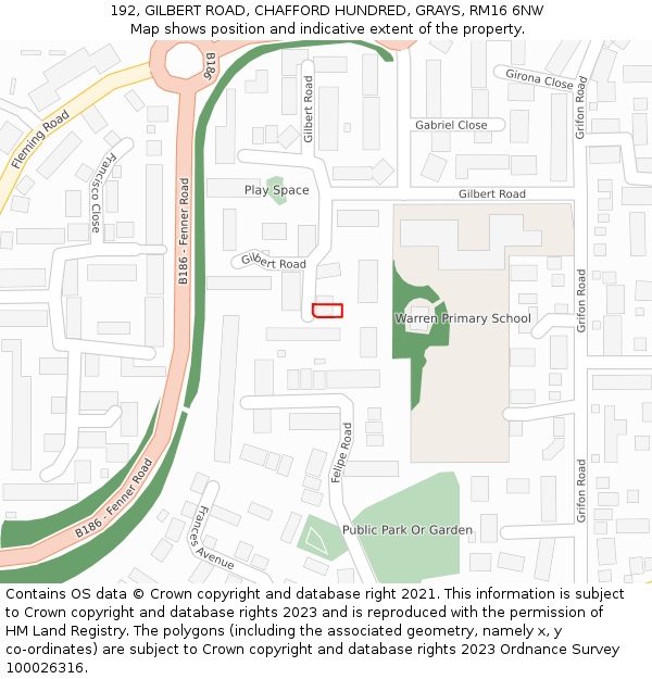192, GILBERT ROAD, CHAFFORD HUNDRED, GRAYS, RM16 6NW: Location map and indicative extent of plot