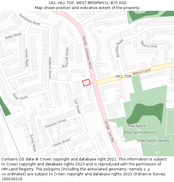 192, HILL TOP, WEST BROMWICH, B70 0SD: Location map and indicative extent of plot