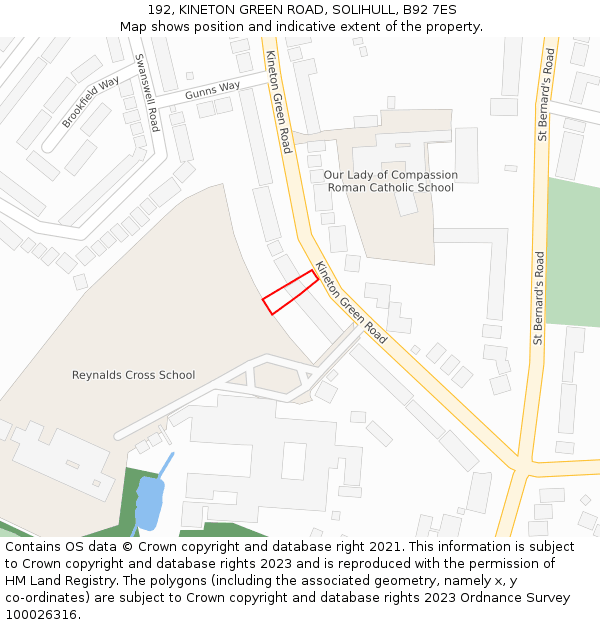 192, KINETON GREEN ROAD, SOLIHULL, B92 7ES: Location map and indicative extent of plot