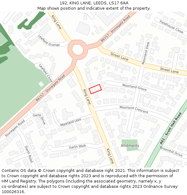 192, KING LANE, LEEDS, LS17 6AA: Location map and indicative extent of plot