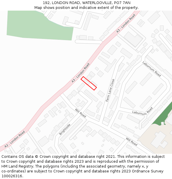 192, LONDON ROAD, WATERLOOVILLE, PO7 7AN: Location map and indicative extent of plot