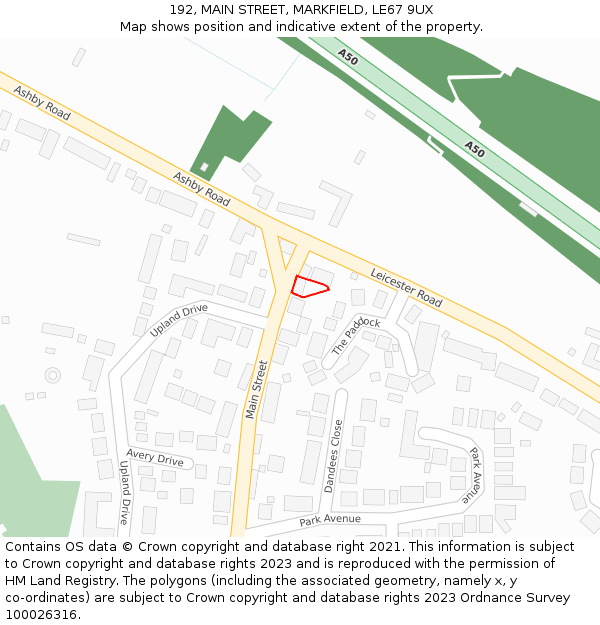 192, MAIN STREET, MARKFIELD, LE67 9UX: Location map and indicative extent of plot