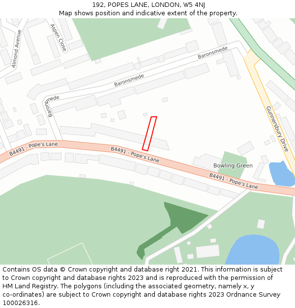 192, POPES LANE, LONDON, W5 4NJ: Location map and indicative extent of plot