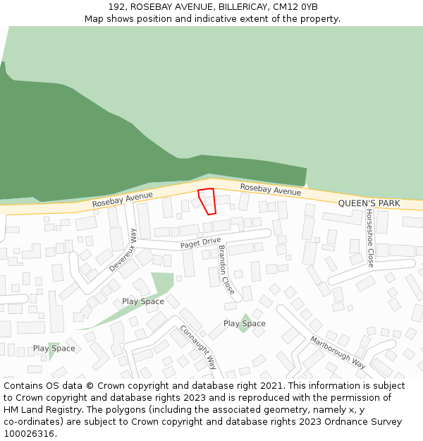 192, ROSEBAY AVENUE, BILLERICAY, CM12 0YB: Location map and indicative extent of plot