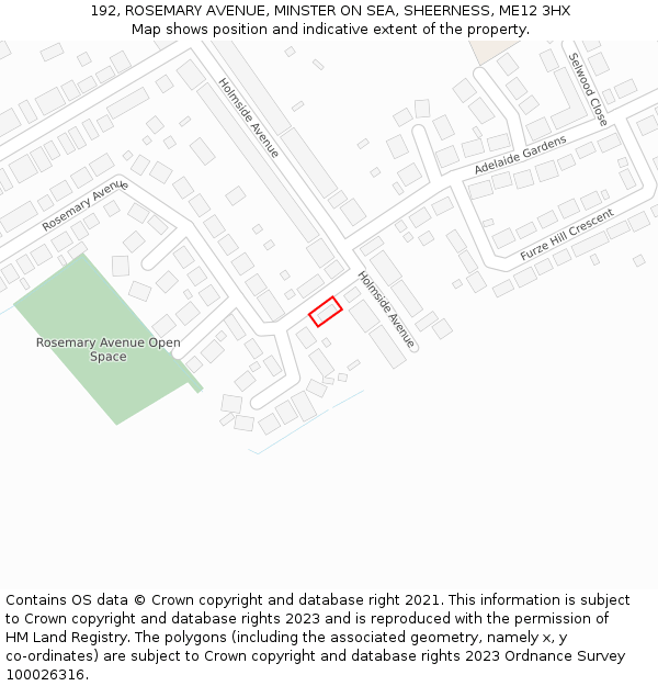 192, ROSEMARY AVENUE, MINSTER ON SEA, SHEERNESS, ME12 3HX: Location map and indicative extent of plot