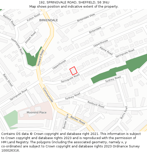 192, SPRINGVALE ROAD, SHEFFIELD, S6 3NU: Location map and indicative extent of plot