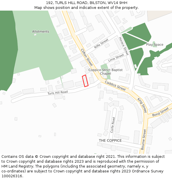 192, TURLS HILL ROAD, BILSTON, WV14 9HH: Location map and indicative extent of plot
