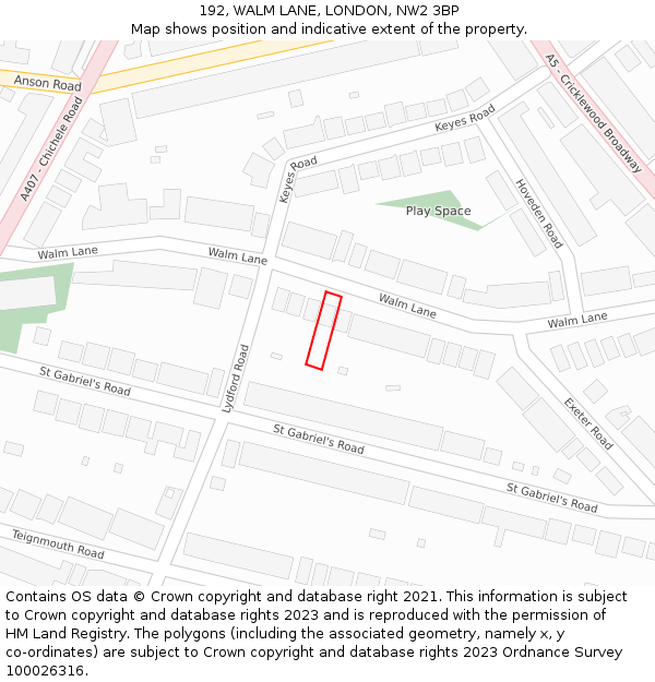 192, WALM LANE, LONDON, NW2 3BP: Location map and indicative extent of plot