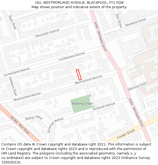192, WESTMORLAND AVENUE, BLACKPOOL, FY1 5QW: Location map and indicative extent of plot