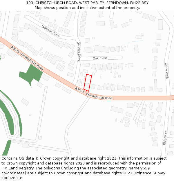 193, CHRISTCHURCH ROAD, WEST PARLEY, FERNDOWN, BH22 8SY: Location map and indicative extent of plot
