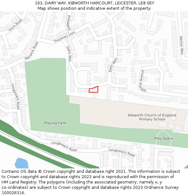 193, DAIRY WAY, KIBWORTH HARCOURT, LEICESTER, LE8 0EY: Location map and indicative extent of plot
