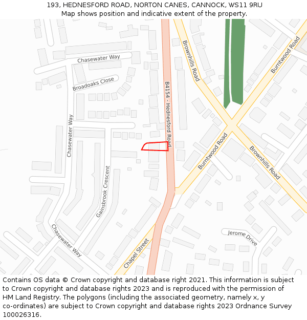 193, HEDNESFORD ROAD, NORTON CANES, CANNOCK, WS11 9RU: Location map and indicative extent of plot