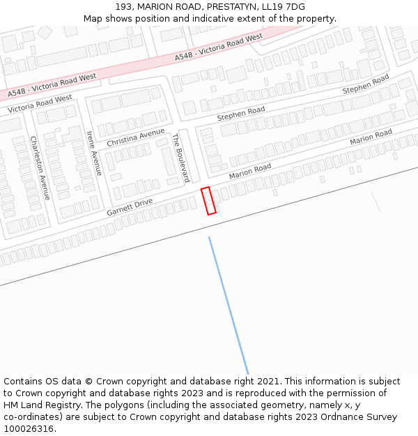 193, MARION ROAD, PRESTATYN, LL19 7DG: Location map and indicative extent of plot