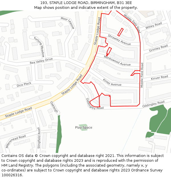 193, STAPLE LODGE ROAD, BIRMINGHAM, B31 3EE: Location map and indicative extent of plot