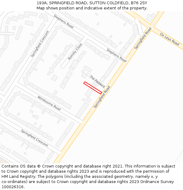 193A, SPRINGFIELD ROAD, SUTTON COLDFIELD, B76 2SY: Location map and indicative extent of plot