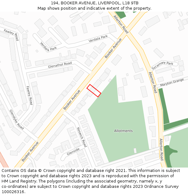 194, BOOKER AVENUE, LIVERPOOL, L18 9TB: Location map and indicative extent of plot