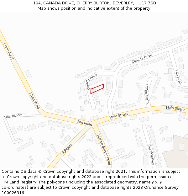 194, CANADA DRIVE, CHERRY BURTON, BEVERLEY, HU17 7SB: Location map and indicative extent of plot