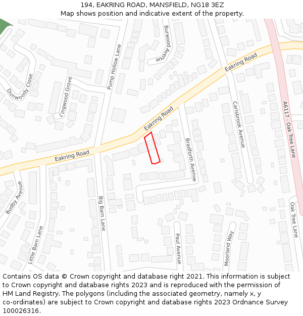 194, EAKRING ROAD, MANSFIELD, NG18 3EZ: Location map and indicative extent of plot