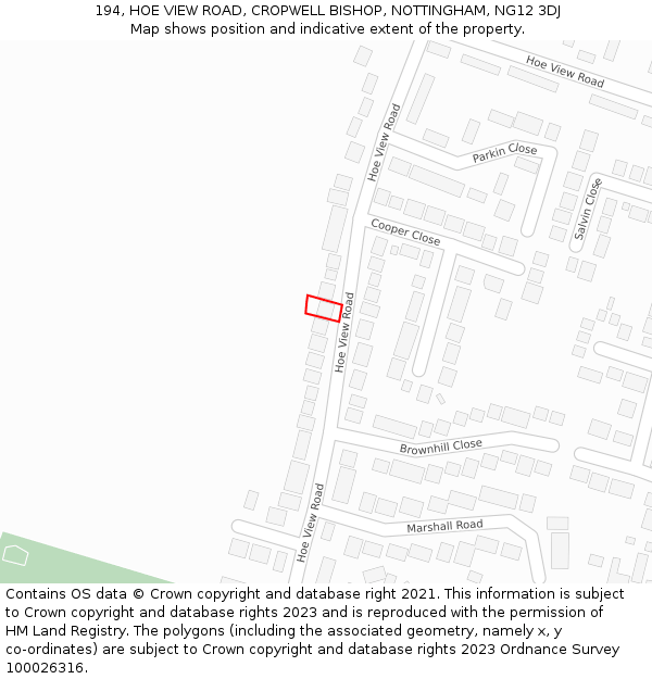 194, HOE VIEW ROAD, CROPWELL BISHOP, NOTTINGHAM, NG12 3DJ: Location map and indicative extent of plot