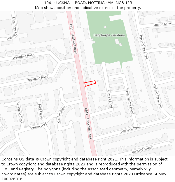 194, HUCKNALL ROAD, NOTTINGHAM, NG5 1FB: Location map and indicative extent of plot