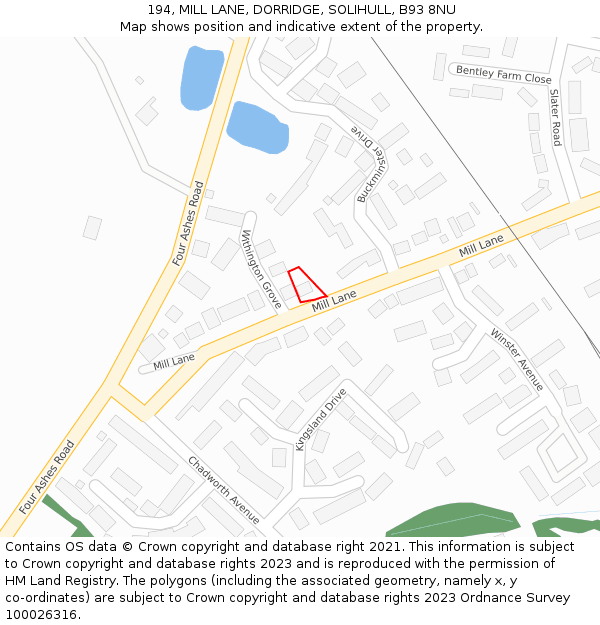 194, MILL LANE, DORRIDGE, SOLIHULL, B93 8NU: Location map and indicative extent of plot