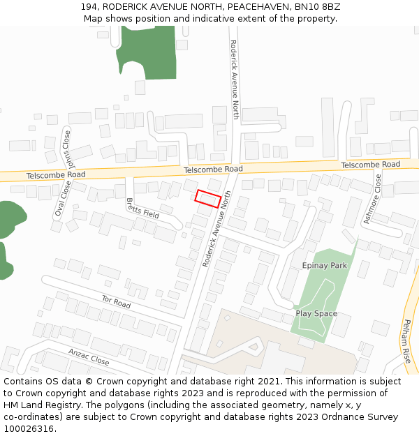 194, RODERICK AVENUE NORTH, PEACEHAVEN, BN10 8BZ: Location map and indicative extent of plot